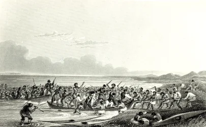 Die Eskimos plündern die Boote, graviert von Edward Francis Finden (1791-1857), Mai 1828